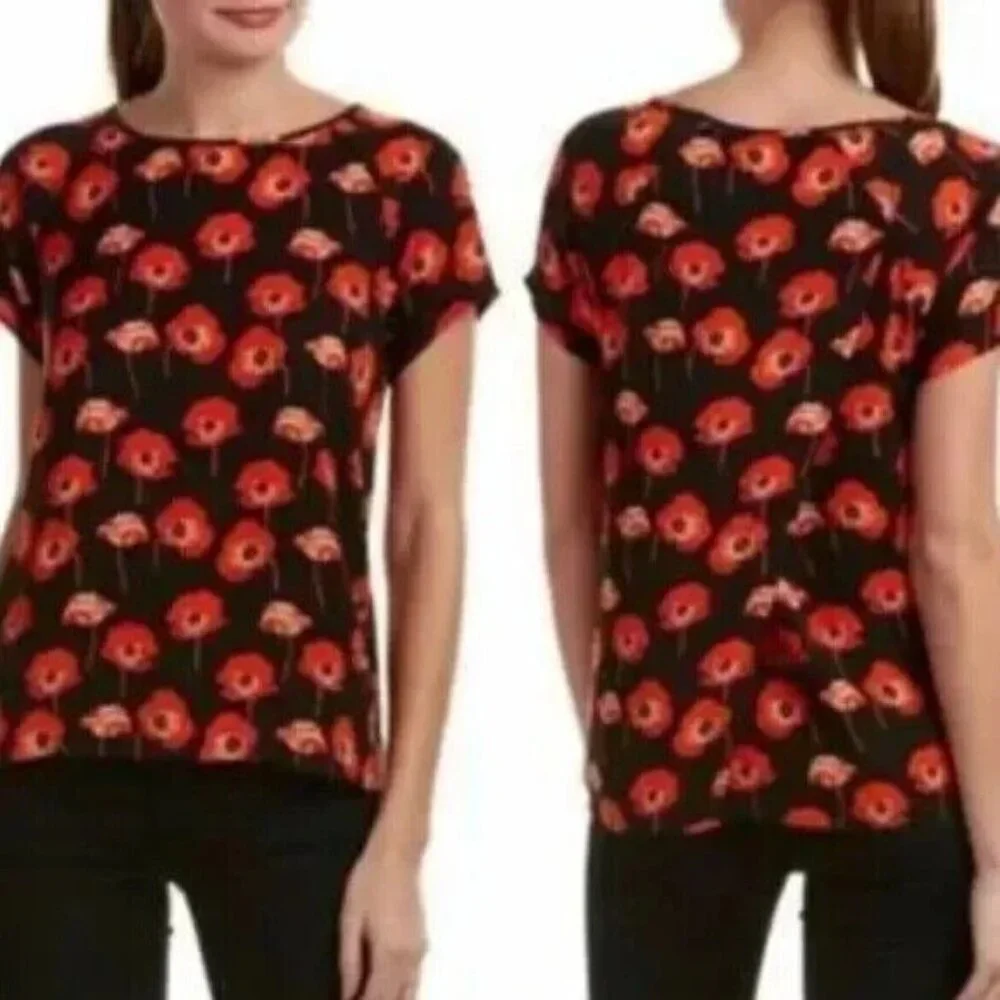 Cabi Womens‎ Flanders Blouse Small Black Red Poppy Floral Split Back Top #3251 - Picture 2 of 8